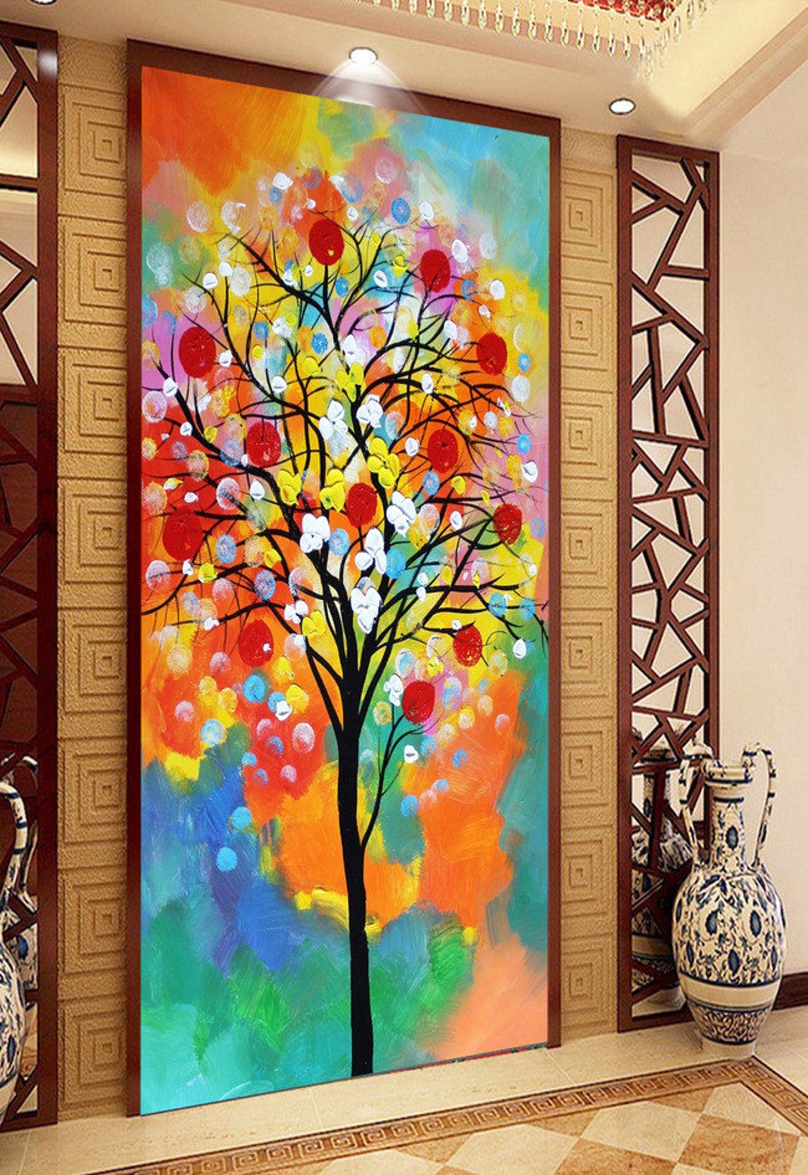 Hand Painted Colorful Flower Tree Painting For Living Room Home Decoration Wall Art Picture Thick Palette Knife Oil Painting By Lisa - Image 4
