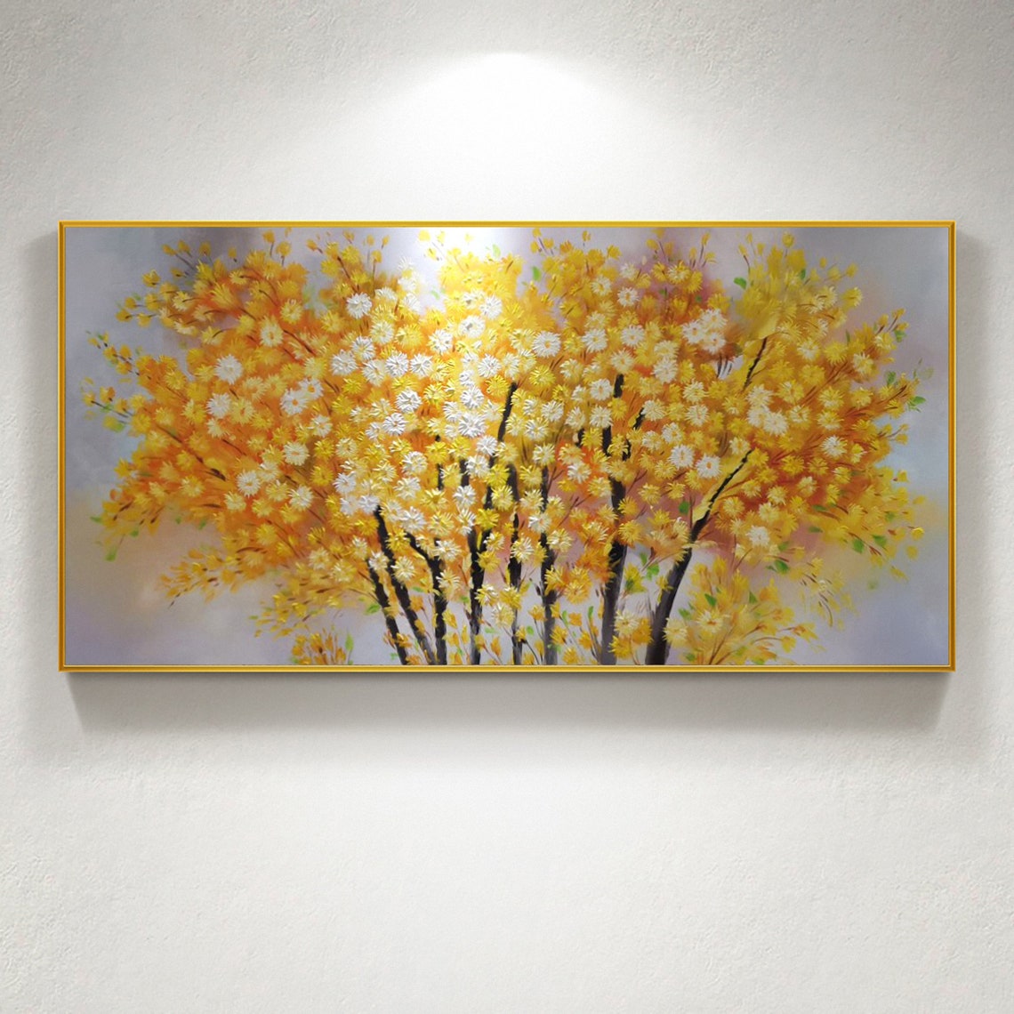 Golden Yellow Blossoming Trees Panoramic Floral Oil Painting Poster