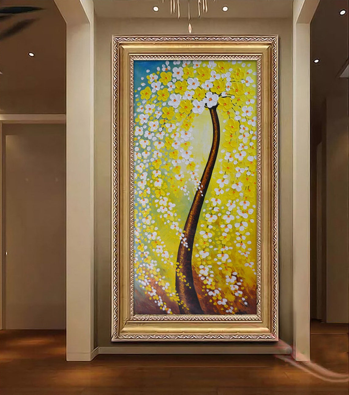 Curved Trunk Tree With Yellow White Blossoms Teal Oil Poster - Image 4