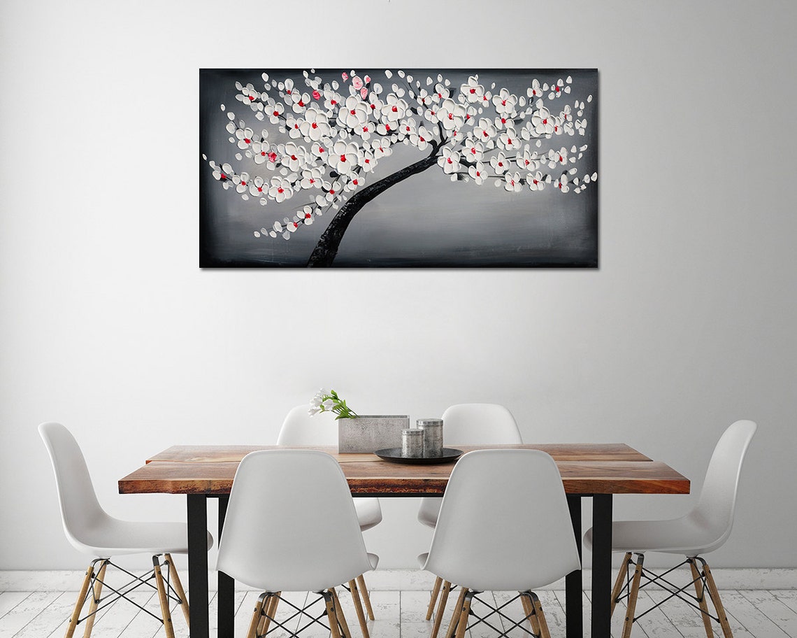 White Red Centered Blossoms On Charcoal Grey Oil Paint Poster - Image 3