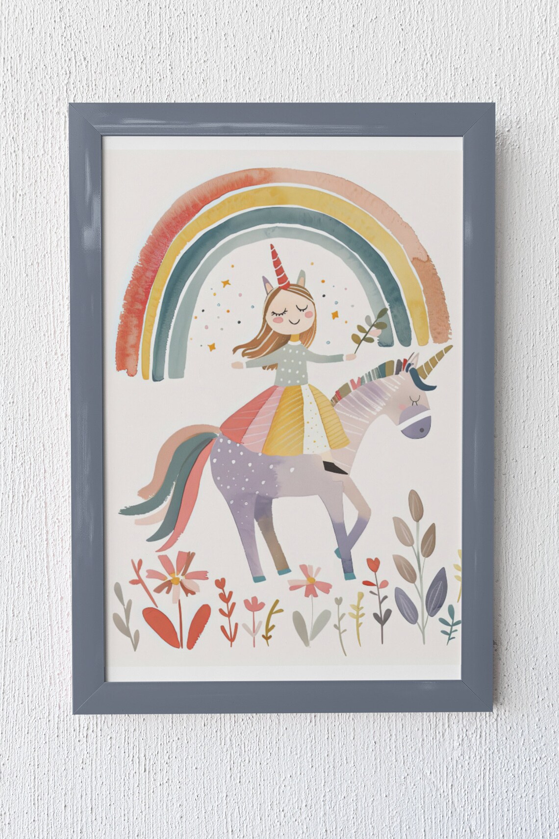 Happy Girl Riding a Purple Unicorn Under a Rainbow Art Poster - Image 2