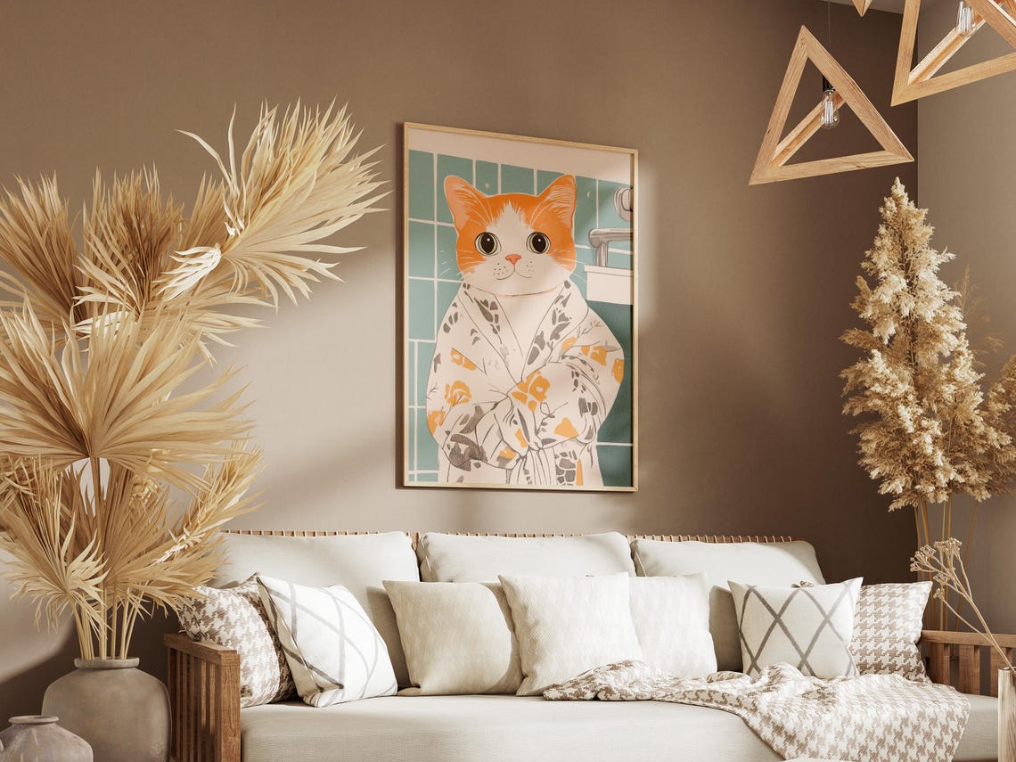 Scottish Fold Kitten Art Print Orange Tabby Cat In Bathrobe Poster Cute Bathroom Wall Funny Illustration Pet Portrait - Image 3