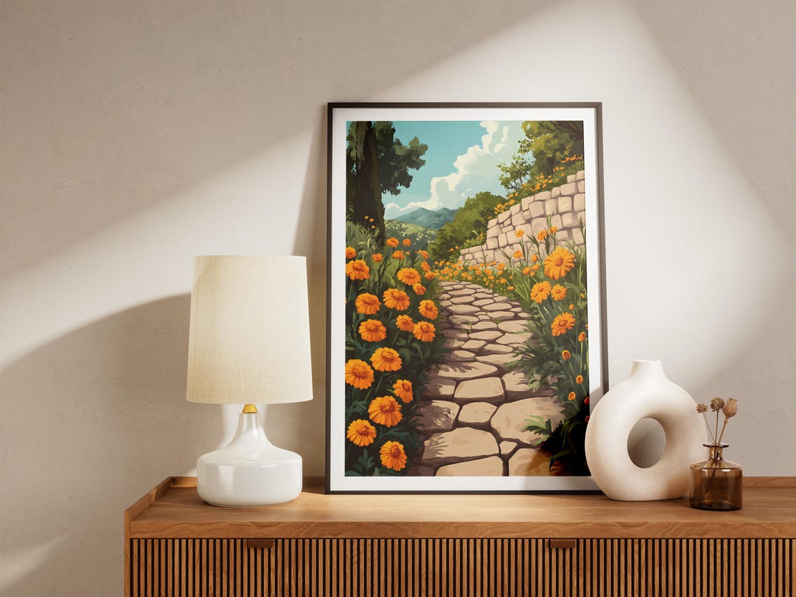 Orange Marigolds Along Stone Garden Path Sunny Garden Scene Poster - Image 5