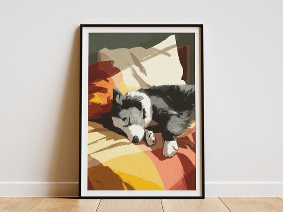 Cozy Australian Shepherd Dog Sleeping Modern Art Print Abstract Pet Portrait Wall Decor Unique Animal Lover Gift For Home Cute Doggy