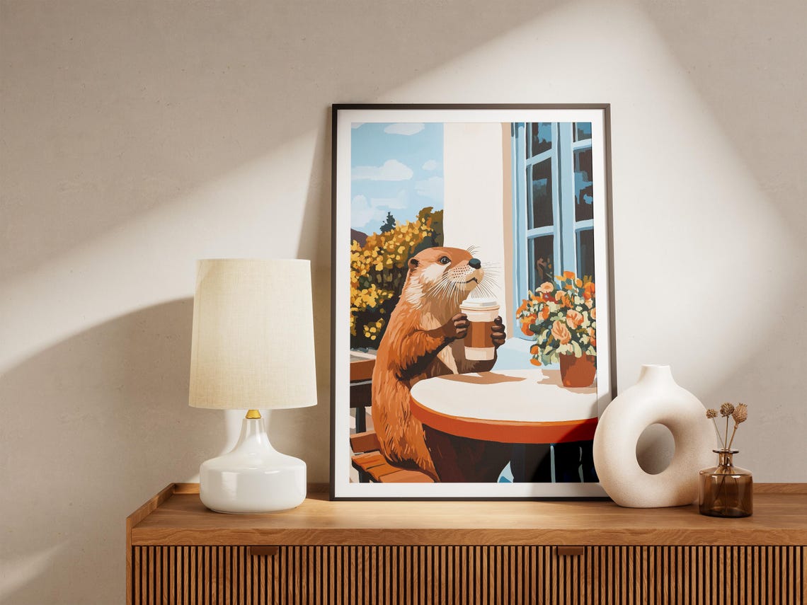 Cheerful Otter with Takeaway Coffee at Flower Filled Cafe Poster - Image 4