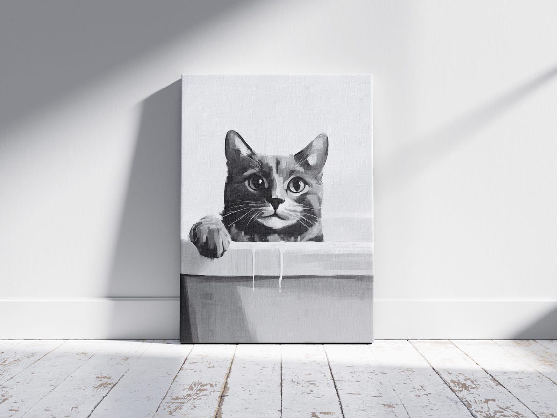 Bengal Cat Peeking Over Bathtub Black and White Funny Poster - Image 2