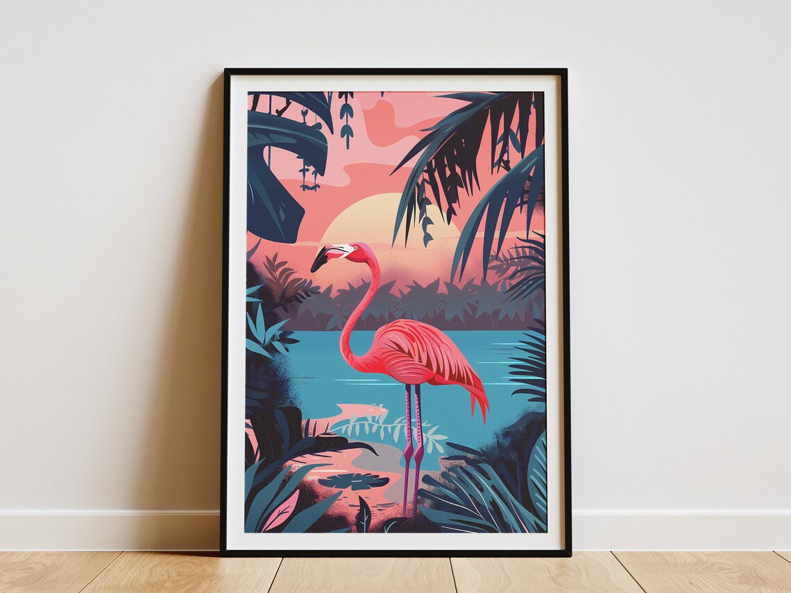 Elegant Pink Flamingo at a Tropical Sunset Lagoon Art Poster