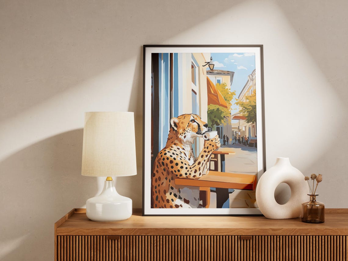 Elegant Cheetah Sipping Coffee at Mediterranean Street Cafe Poster - Image 4