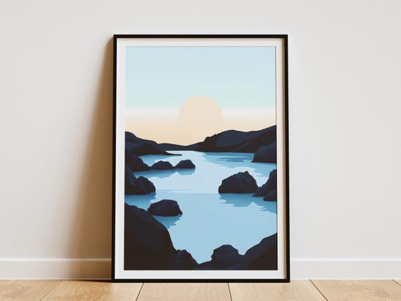 Iceland Blue Lagoon Poster Print Scandinavian Minimalist Landscape Art Modern Home Decor Blue Water Calm Ocean Nature Wall Art Geometric