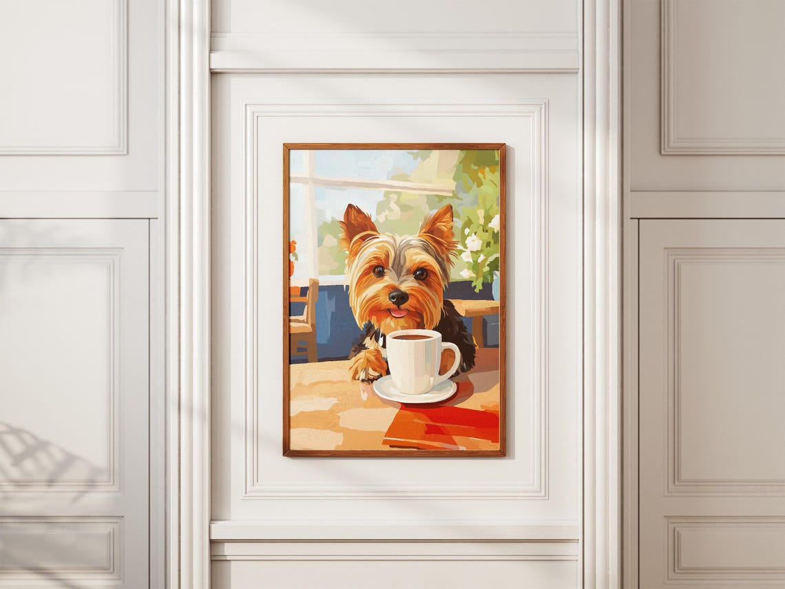 Yorkshire Terrier Puppy With Coffee Cup Cozy Cafe Art Poster - Image 2