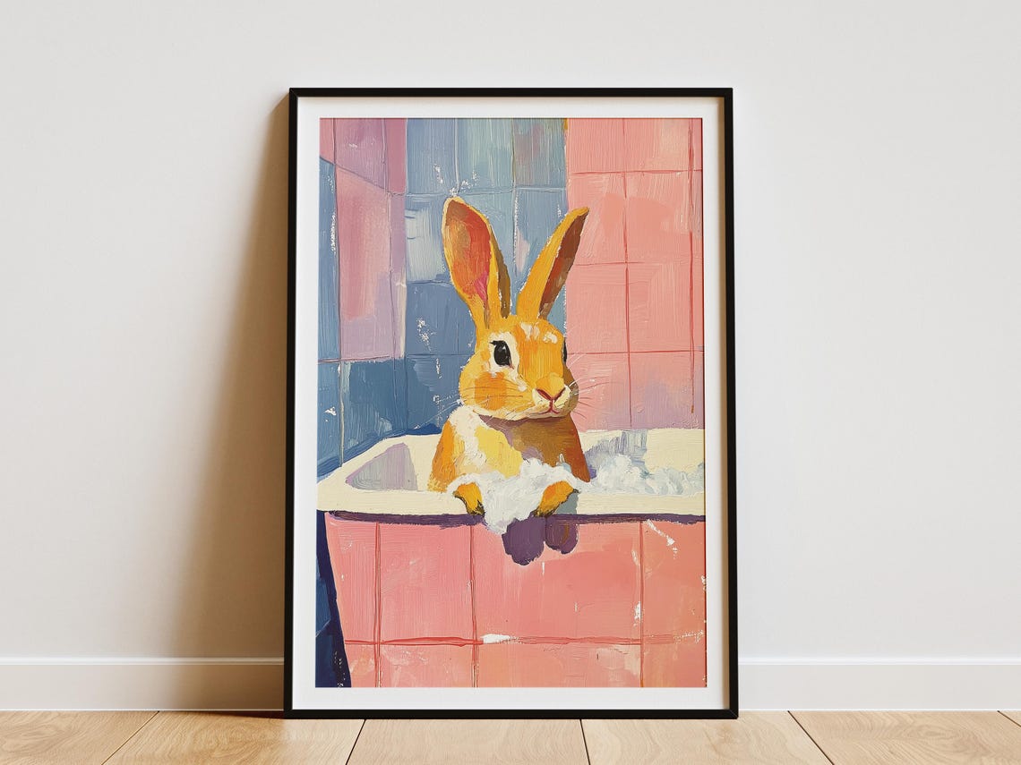 Cheerful Orange Rabbit Soaking In Pink Bubble Bath Bathroom Poster