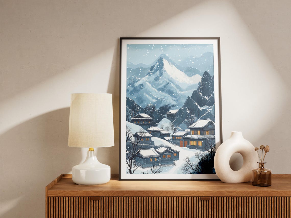 Snowy Mountain Village with Glowing Windows Winter Asian Art Poster - Image 5