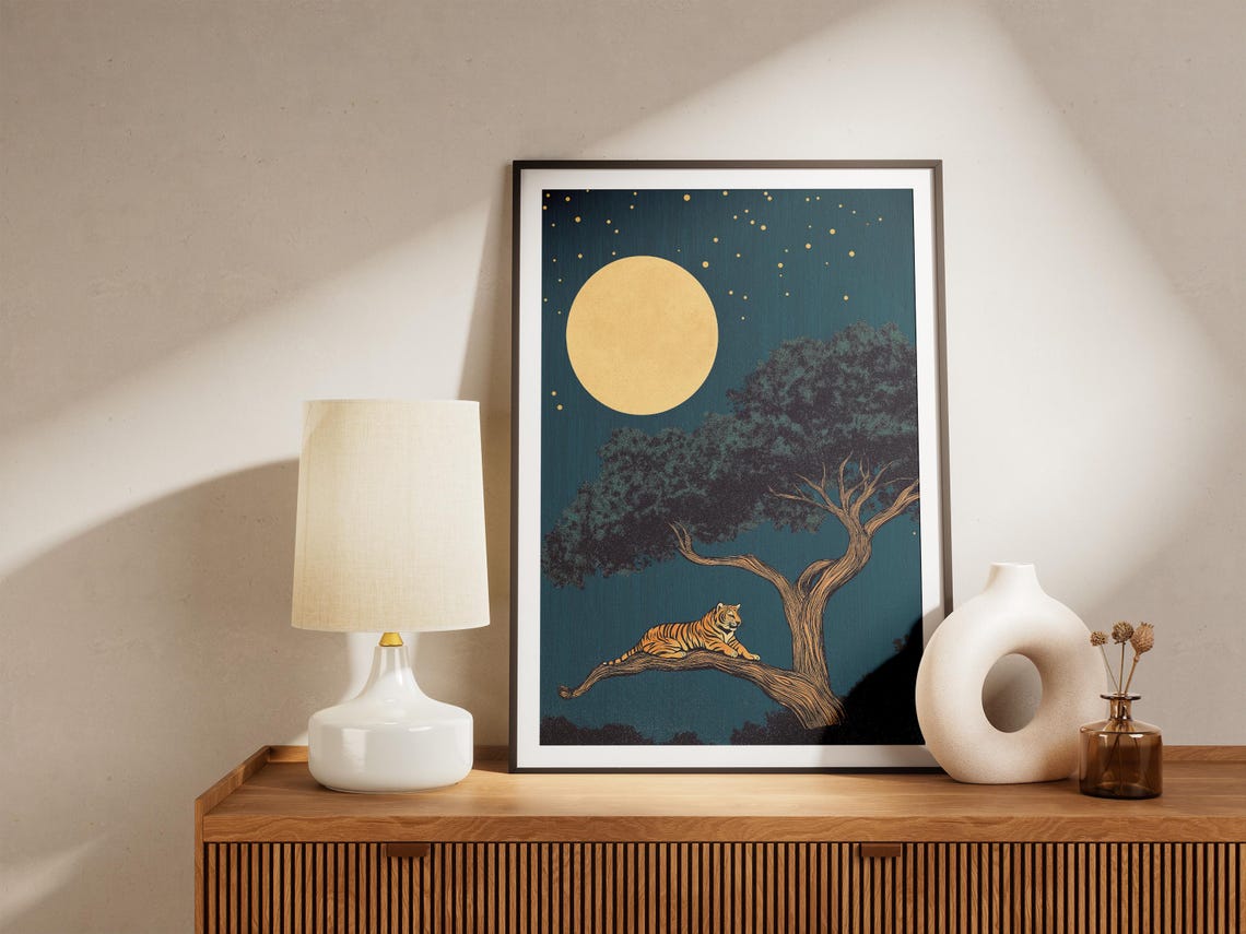 Tiger Resting Under Banyan Tree Golden Moonlit Night Jungle Poster - Image 4