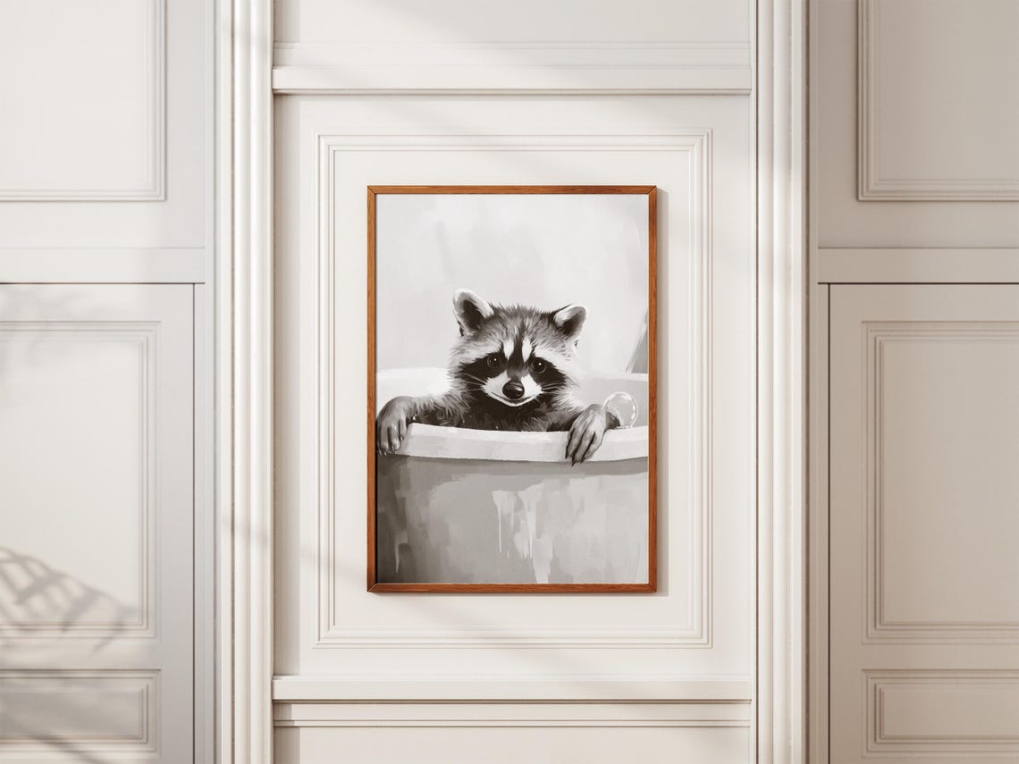 Cheeky Raccoon Bubble Bath Whimsical Minimalist Bathroom Poster - Image 2