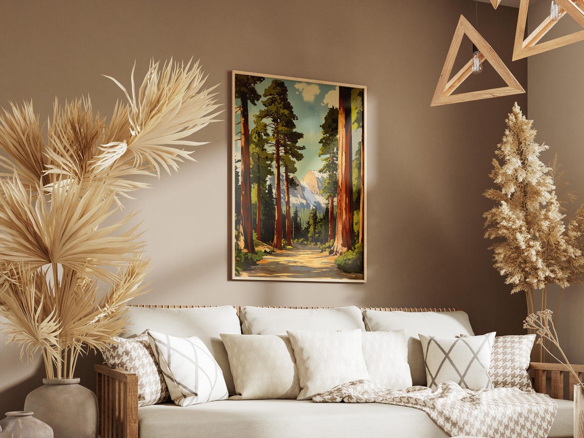 Sequoia Forest Path With Snowy Mountains Beyond Scenic Poster - Image 3