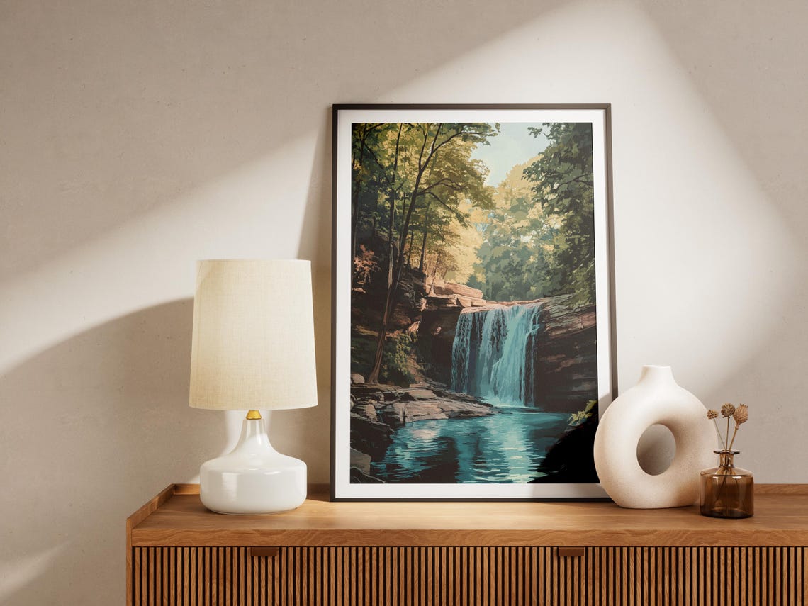 Forest Waterfall Flowing into a Turquoise Pool Nature Poster - Image 4