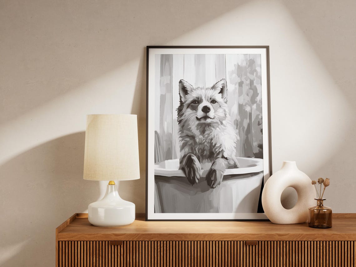 Arctic Fox In Bathtub Black and White Whimsical Animal Poster - Image 4