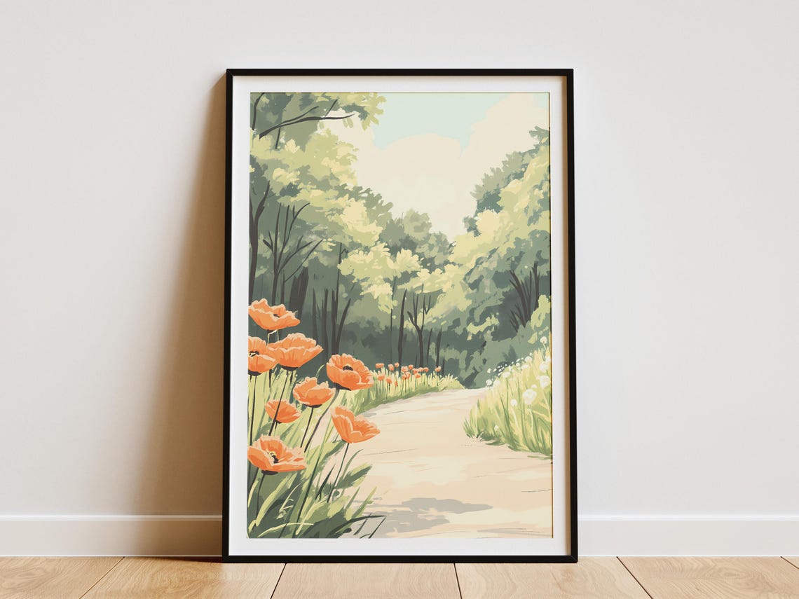 Orange Poppies Along Woodland Path Summer Landscape Flower Art Poster