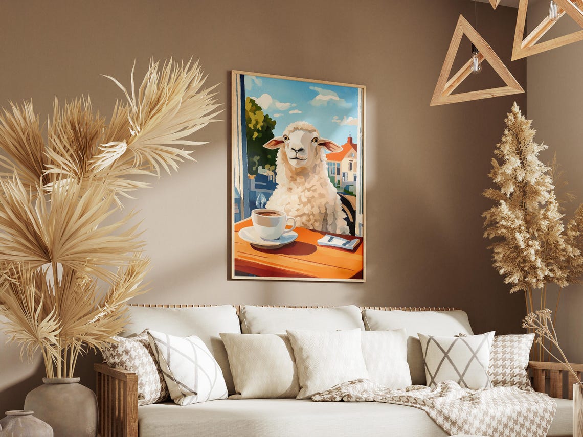 Woolly Sheep Enjoying Coffee At An Orange Cafe Table Scene Poster - Image 3