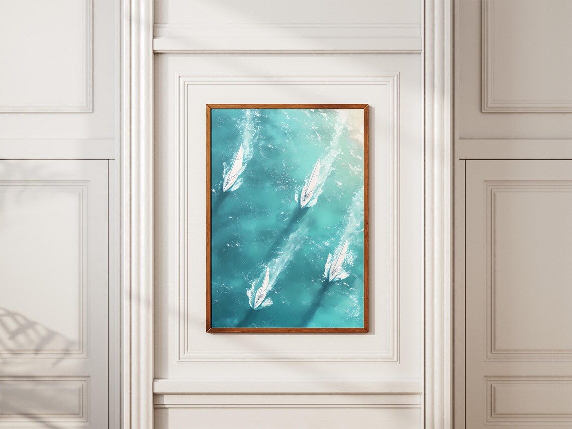 Aerial View of Four Sailboats Racing on Turquoise Water Poster - Image 2