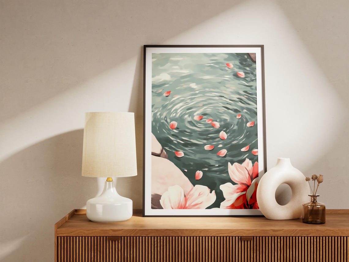 Cherry Blossom Petals Floating on Water Ripple Serene Floral Poster - Image 4