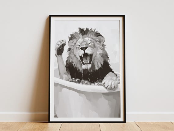 Lion In Bathtub Poster Funny Bathroom Wall Art Animal Print Whimsical Home Decor Playful Quirky Cute