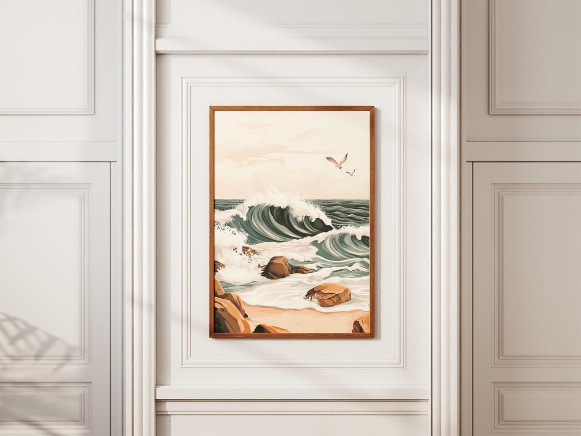 Ocean Wave Crashing On Rocky Coast With Seagulls Coastal Poster - Image 2