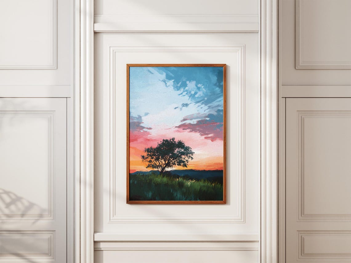 Lone Tree Silhouette Against A Pink Sunset Sky Minimal Poster - Image 2