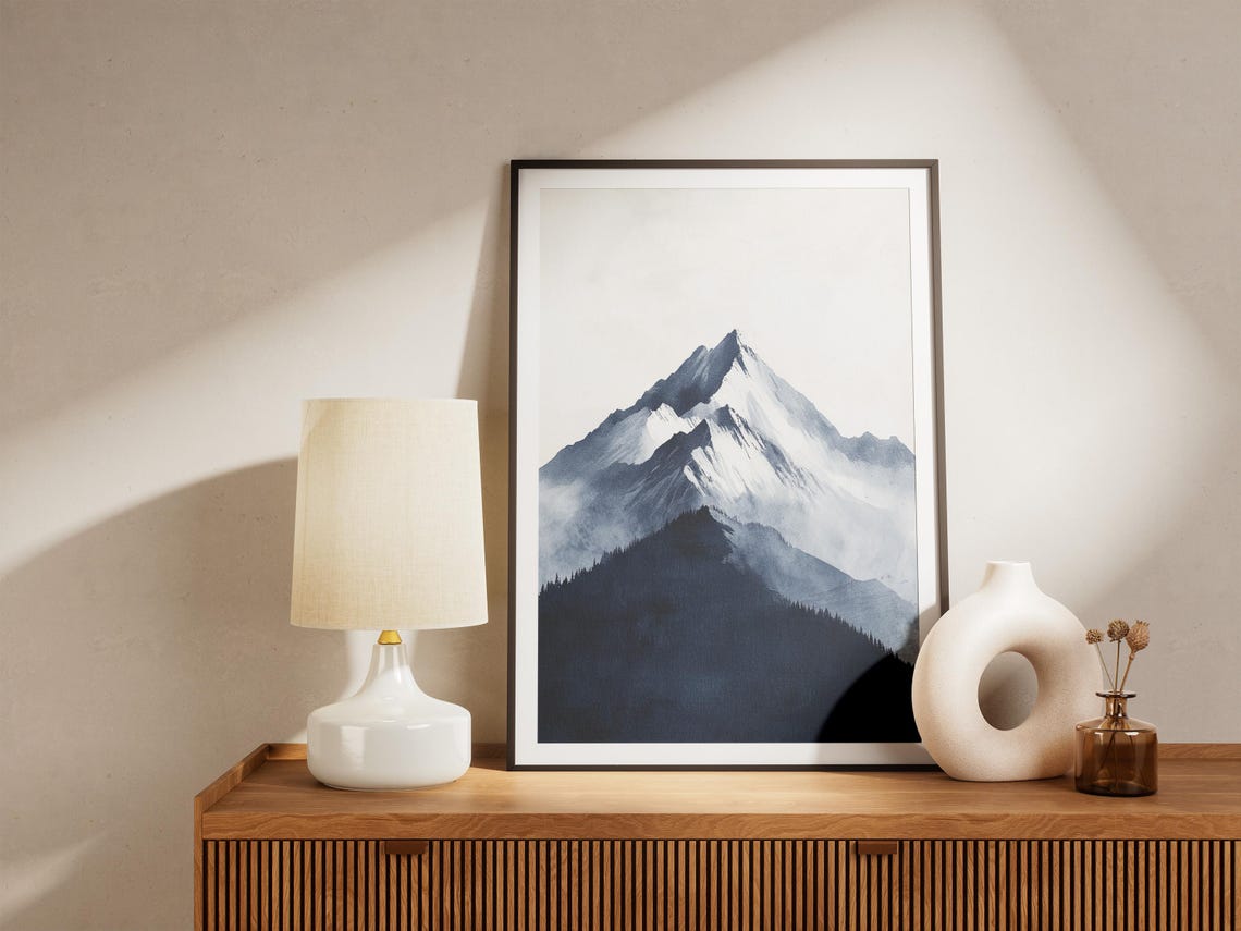 Dramatic Watercolor Mountain Peak Foggy Minimalist Landscape Poster - Image 4