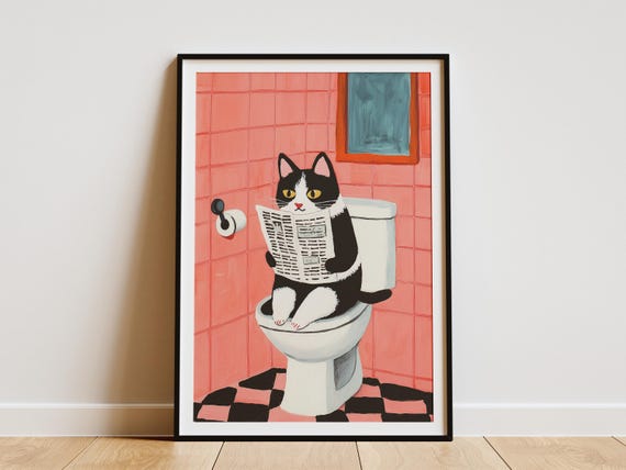 Munchkin Cat On Toilet Newspaper Art Print Bathroom Humor Poster Funny Lover Gift Quirky Wall Decor Novelty Cute Pet