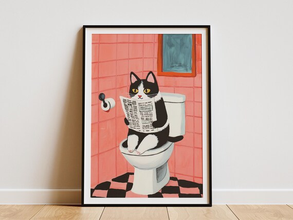 Tuxedo Cat Reading Newspaper on Toilet Pink Bathroom Art Poster