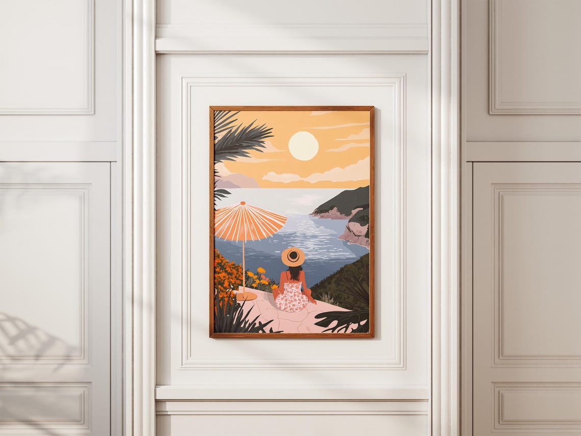 Woman Watching a Mediterranean Bay Sunset from a Cliff Poster - Image 2