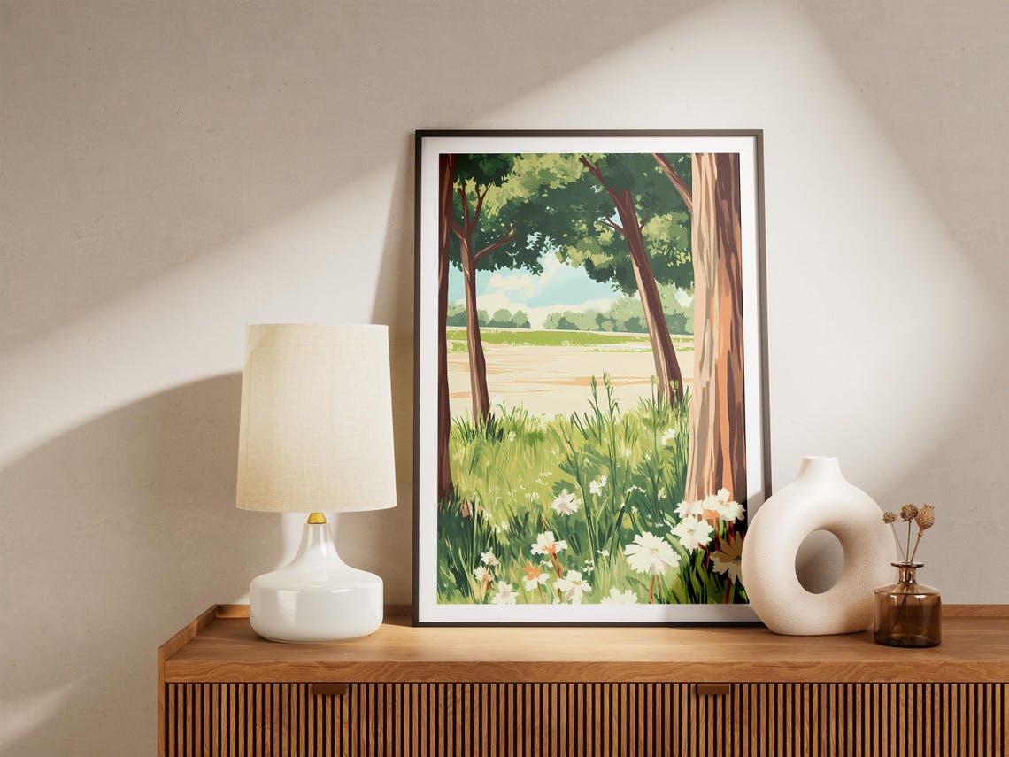 Summer Meadow With White Daisies Between Two Tall Trees Poster - Image 5