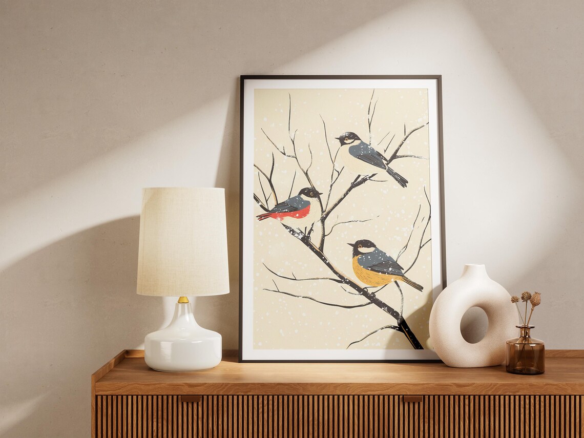 Three Songbirds On Snowy Branch Japanese Style Winter Bird Poster - Image 4