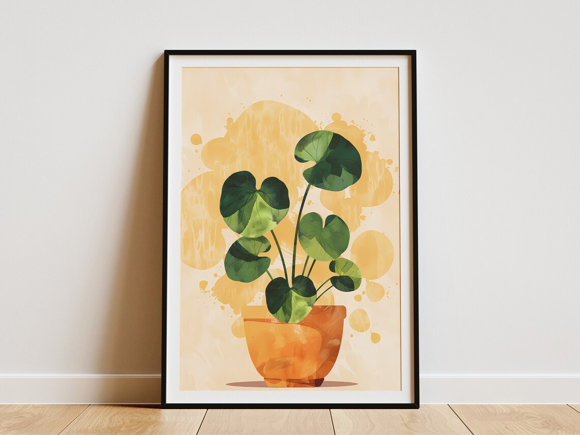 Potted Coin Leaf Plant Watercolor Yellow Botanical Art Poster