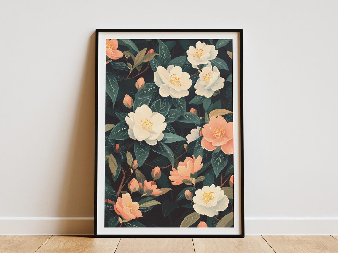 White Camellia Blossoms Dark Elegant Botanical Flower Poster