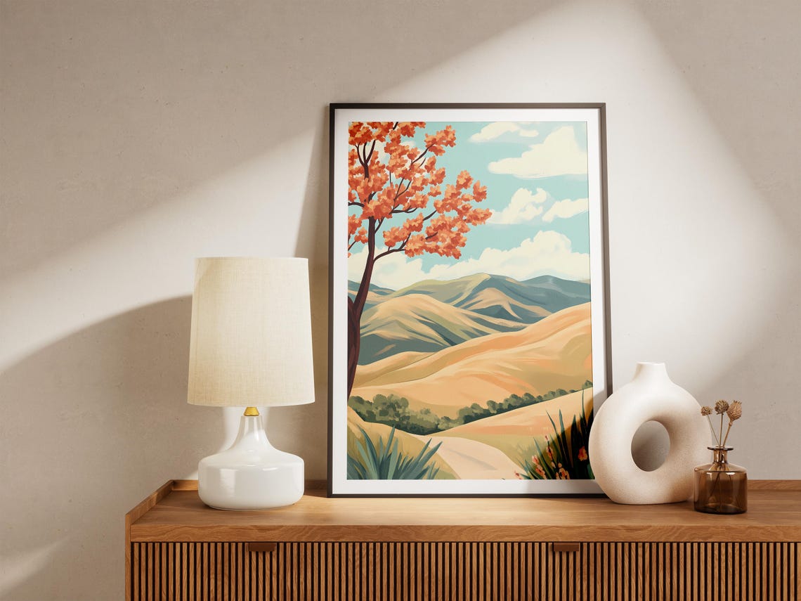 Orange Blossom Tree Over Golden Rolling Hills Landscape Poster - Image 5