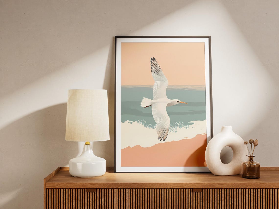 Seagull Gliding Over Calm Ocean Waves Minimalist Beach Art Poster - Image 5