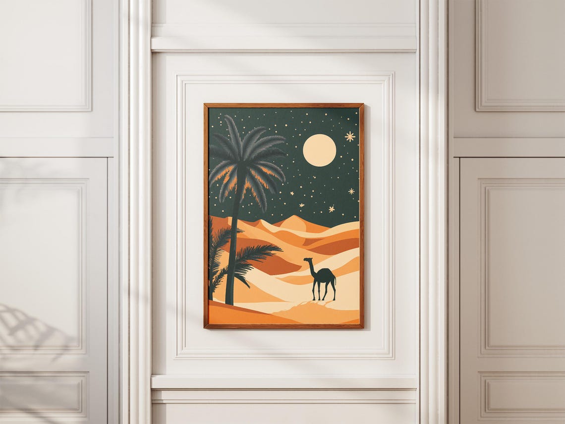 Sahara Camel and Palm Trees Under a Starry Night Desert Poster - Image 2