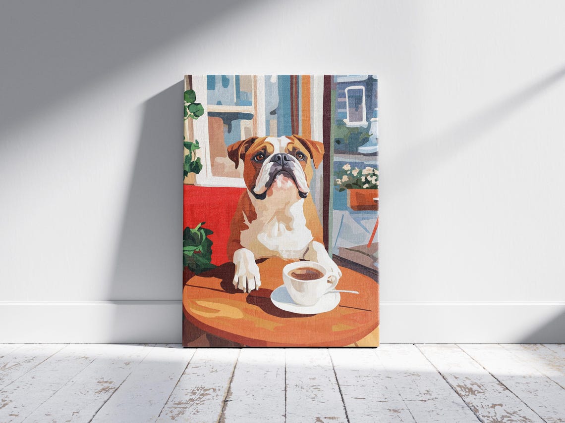 English Bulldog with Coffee at a Sunny City Cafe Table Dog Poster - Image 2