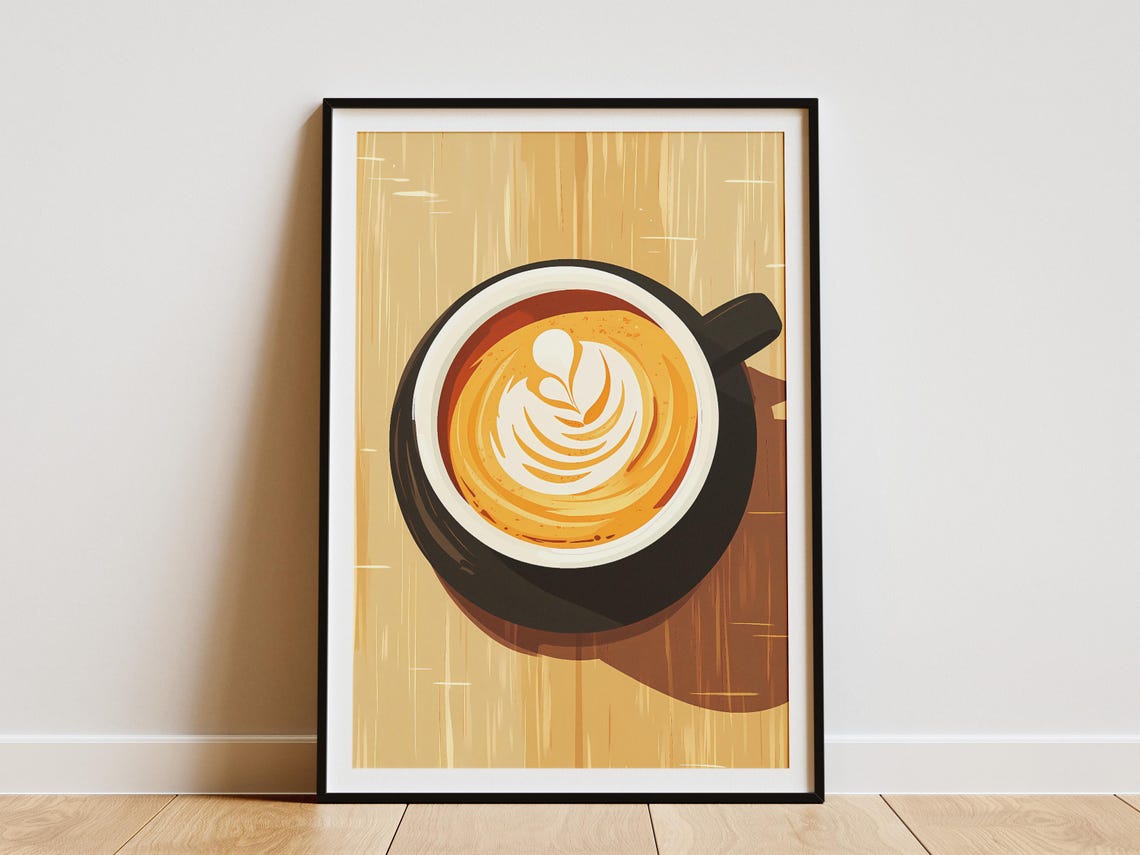 Top-Down Latte Art Leaf Design Black Coffee Cup Minimalist Poster