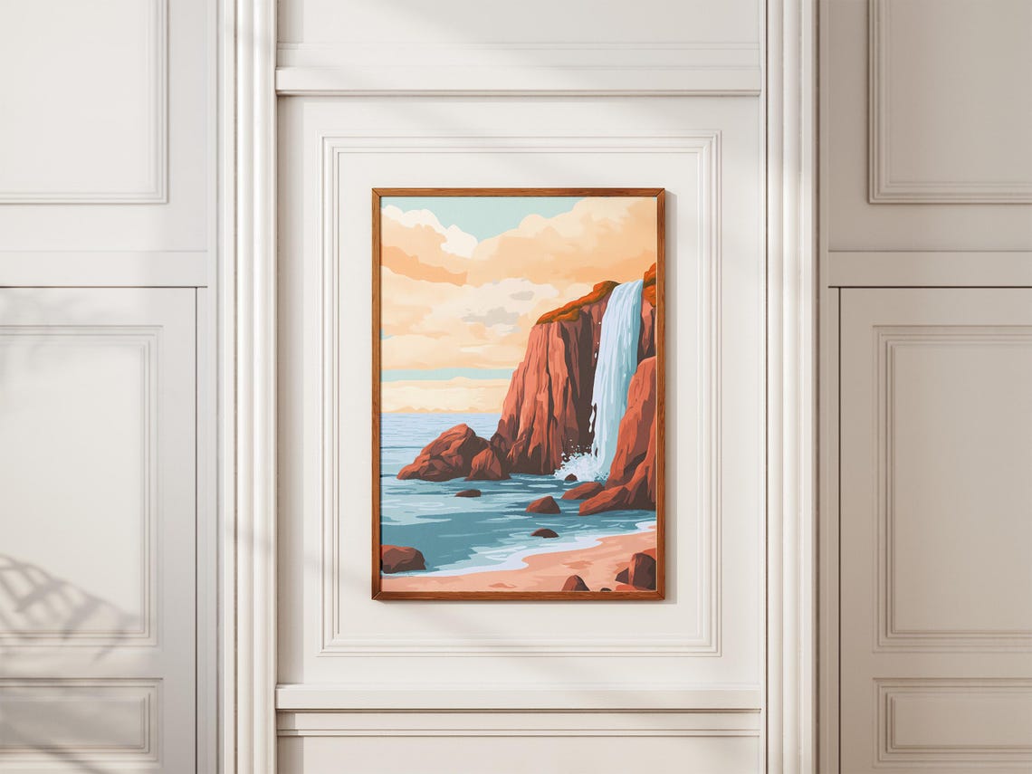 Coastal Waterfall Into Ocean Red Rock Cliff Illustration Poster - Image 2