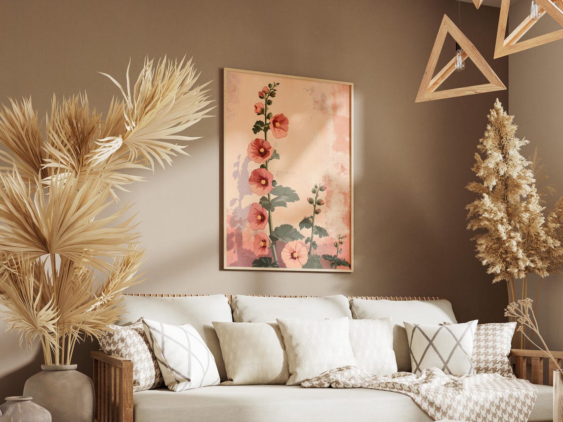 Peach Hollyhock Stems Cottage Garden Flower Botanical Poster - Image 3