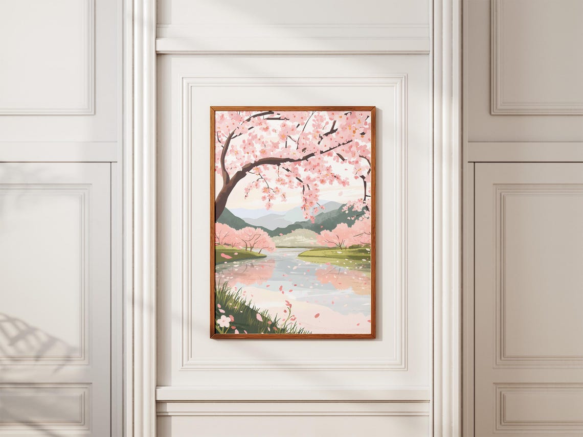 Pink Cherry Blossoms Over a Calm River Poster Mountain Spring View - Image 2