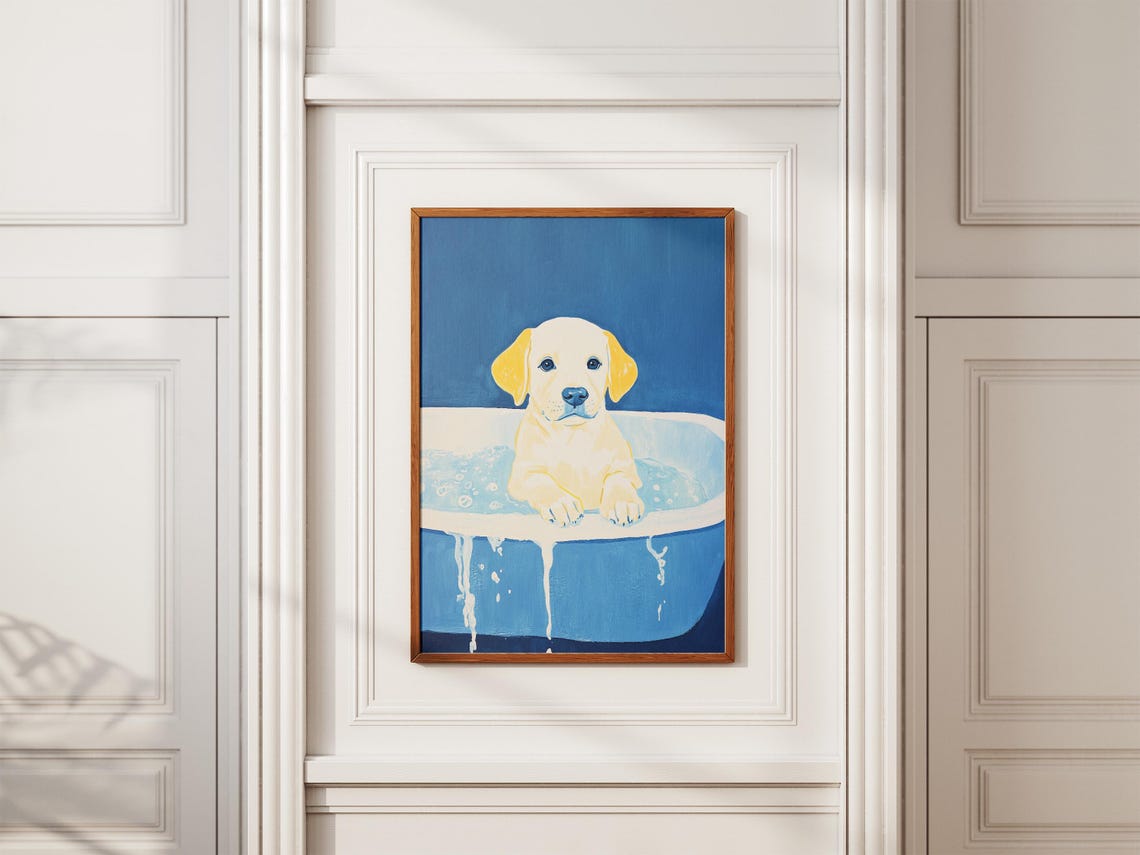 Yellow Labrador Puppy in Blue Tub Bubble Bath Cute Puppy Dog Poster - Image 2