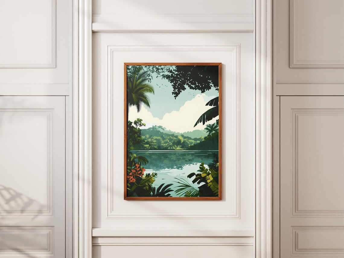 Tropical Rainforest Lake With Palm Trees and Calm Water Art Poster - Image 2
