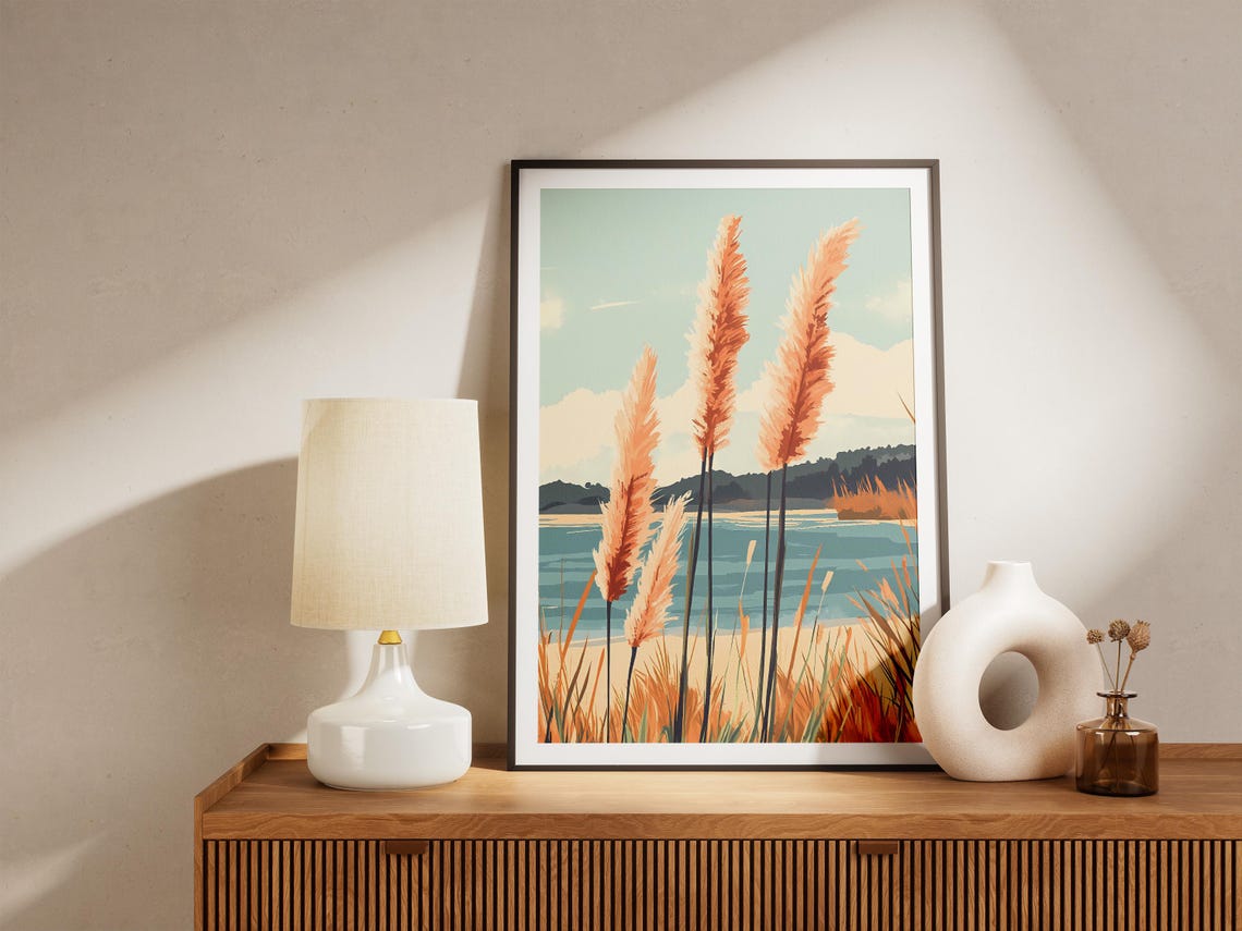 Tall Coral Pampas Plumes Above A Teal Bay Beach Landscape Poster - Image 5