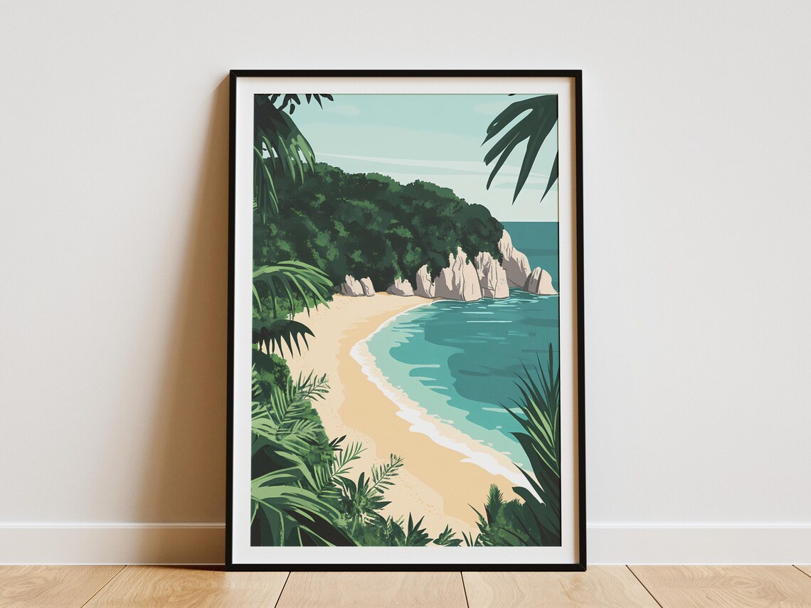 Secluded Tropical Beach Curved Bay Framed By Palm Trees Poster