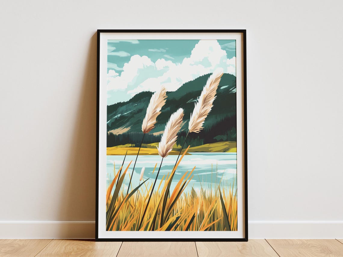 Cream Pampas Grass by a Turquoise Mountain Lake Scene Poster