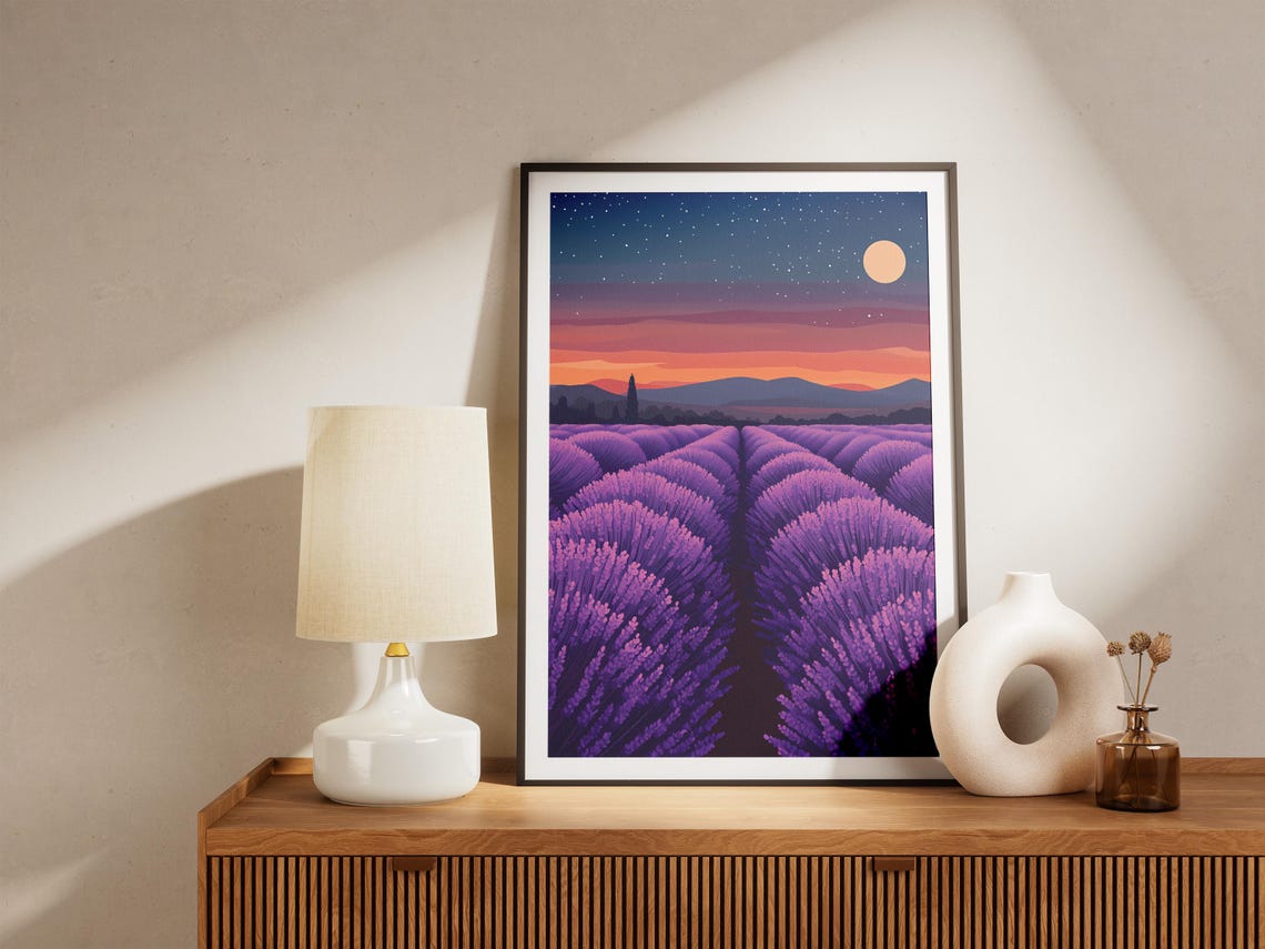 Purple Lavender Field Under Night Sky Poster With Moon and Stars - Image 5